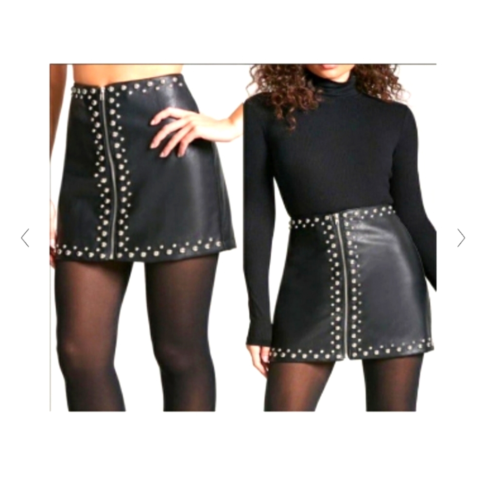 Studded Faux Leather Zip Up Mini Skirt- Size Small